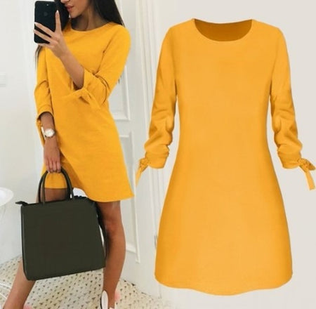 Solid O-neck Short Sleeves Lacing Dresses Women Casual Pockets Simple Dress Summer Ladies Fashion Breathable Dress Vestidos New