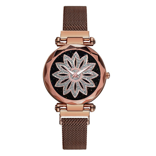 Women Flower Rhinestone Wrist Watch Ladies Starry Sky Watches Luxury Rose Gold Steel Quartz Watch Relogio Feminino Magnet Clock