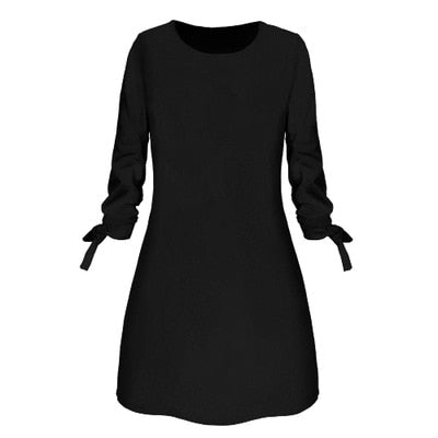 Women Fashion O-neck Solid Bow Elegant Straight Dress Spring Loose Mini Dresses 3/4 Sleeve Bow comfortable Plus Size