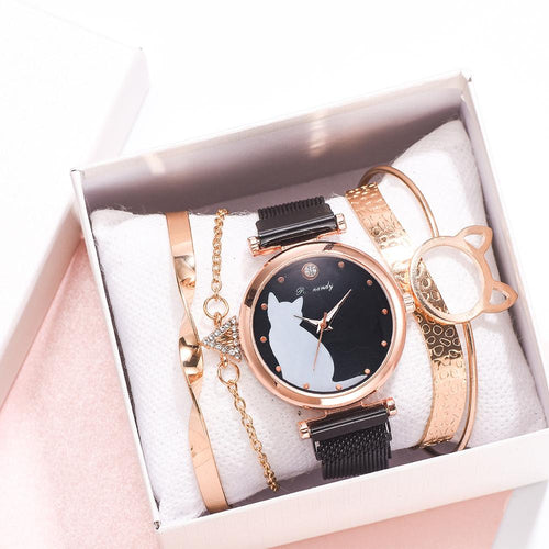 5pcs/set Women Watches Rose Gold Bracelet Set Cat Pattern Black Magnet Watch Ladies Bracelet Wrist Watches Luxury Quartz Clock