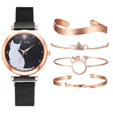 5pcs/set Women Watches Rose Gold Bracelet Set Cat Pattern Black Magnet Watch Ladies Bracelet Wrist Watches Luxury Quartz Clock