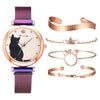 5pcs/set Women Watches Rose Gold Bracelet Set Cat Pattern Black Magnet Watch Ladies Bracelet Wrist Watches Luxury Quartz Clock