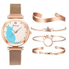 5pcs/set Women Watches Rose Gold Bracelet Set Cat Pattern Black Magnet Watch Ladies Bracelet Wrist Watches Luxury Quartz Clock