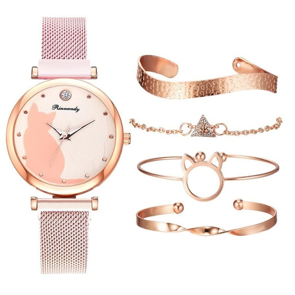 5pcs/set Women Watches Rose Gold Bracelet Set Cat Pattern Black Magnet Watch Ladies Bracelet Wrist Watches Luxury Quartz Clock