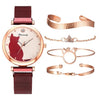 5pcs/set Women Watches Rose Gold Bracelet Set Cat Pattern Black Magnet Watch Ladies Bracelet Wrist Watches Luxury Quartz Clock