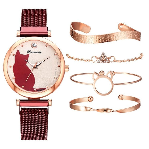 5pcs/set Women Watches Rose Gold Bracelet Set Cat Pattern Black Magnet Watch Ladies Bracelet Wrist Watches Luxury Quartz Clock