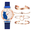 5pcs/set Women Watches Rose Gold Bracelet Set Cat Pattern Black Magnet Watch Ladies Bracelet Wrist Watches Luxury Quartz Clock