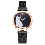 5pcs/set Women Watches Rose Gold Bracelet Set Cat Pattern Black Magnet Watch Ladies Bracelet Wrist Watches Luxury Quartz Clock