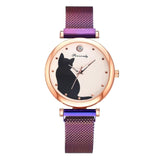 5pcs/set Women Watches Rose Gold Bracelet Set Cat Pattern Black Magnet Watch Ladies Bracelet Wrist Watches Luxury Quartz Clock