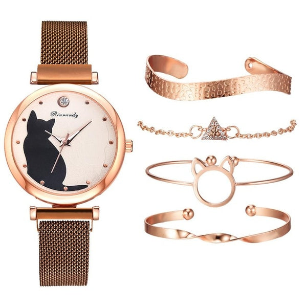 5pcs/set Women Watches Rose Gold Bracelet Set Cat Pattern Black Magnet Watch Ladies Bracelet Wrist Watches Luxury Quartz Clock