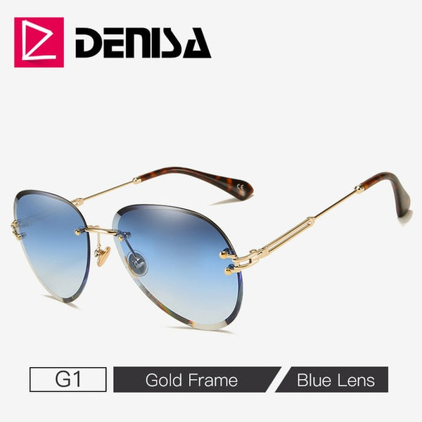 DENISA Fashion Blue Rimless Sunglasses Women 2019 UV400 Luxury Aviation Ladies Sunglasses Glasses Shades zonnebril dames G18475