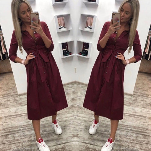 Casual Sashes a Line Women Dress Ladies Long Sleeve Turn Down Collar Fashion Party Dress Autumn Elegant Long Dress shirt dress