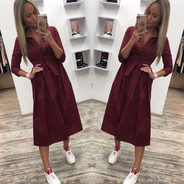 Casual Sashes a Line Women Dress Ladies Long Sleeve Turn Down Collar Fashion Party Dress Autumn Elegant Long Dress shirt dress