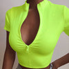 WannaThis Zipper Tanks Crop Top White Women V-Neck Fashion New Slim Short Sleeve Elastic Ribbed Casual Basic Ladies Sexy Cropped