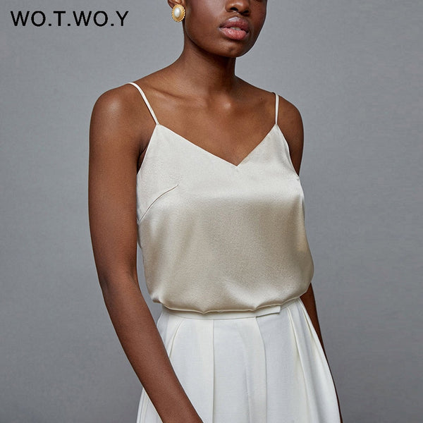 WOTWOY Sexy Deep V-neck Slim Tank Top Women Sleeveless Solid Skinny Female Camisole Fashion Tops Women Summer 2020 Soft Touching