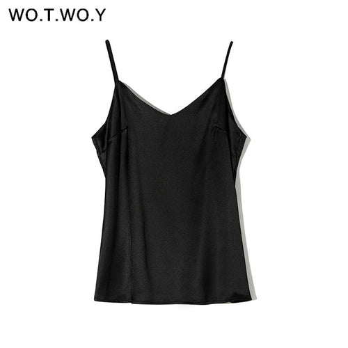 WOTWOY Sexy Deep V-neck Slim Tank Top Women Sleeveless Solid Skinny Female Camisole Fashion Tops Women Summer 2020 Soft Touching
