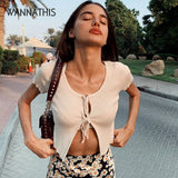 WannaThis Sexy Cropped Top Lace up Short Sleeve Hollow out Front Split Hem O-Neck Slim Women Fashion Summer New Sexy Streetwear