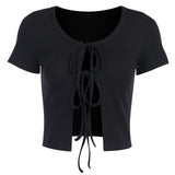 WannaThis Sexy Cropped Top Lace up Short Sleeve Hollow out Front Split Hem O-Neck Slim Women Fashion Summer New Sexy Streetwear