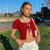 WannaThis Sexy Cropped Top Lace up Short Sleeve Hollow out Front Split Hem O-Neck Slim Women Fashion Summer New Sexy Streetwear