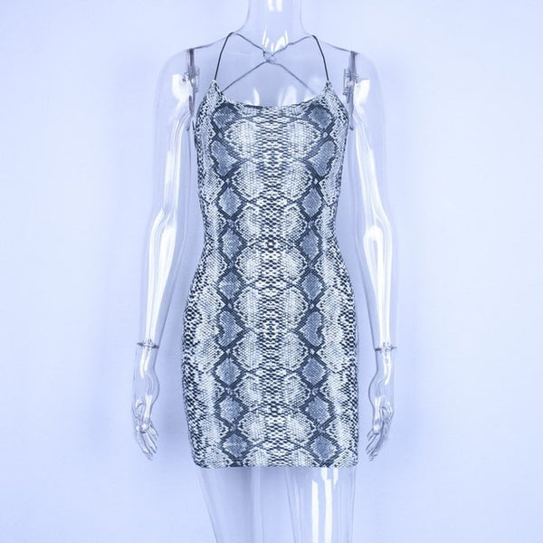 Hugcitar backless sexy bodycon mini dress 2019 summer autumn women fashion club snake print club sleeveless clothes