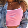 Hugcitar letters Embroidery spaghetti straps patchwork sexy crop tops 2018 summer women fashion camis