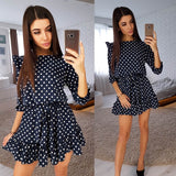 Fashion Ruffle Trim Sashes Women Summer Dress 3/4 Sleeves Round Neck Dot Print Casual Dress Girls Sweet Cute A Line Mini Dresses