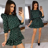 Fashion Ruffle Trim Sashes Women Summer Dress 3/4 Sleeves Round Neck Dot Print Casual Dress Girls Sweet Cute A Line Mini Dresses