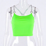 Hugcitar chains spaghetti straps neon green patchwork sexy camis 2019 summer women fashion club party streetwear female crop top