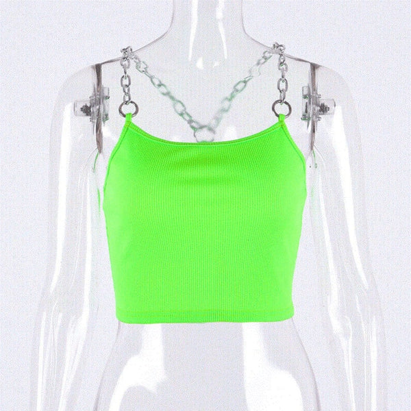 Hugcitar chains spaghetti straps neon green patchwork sexy camis 2019 summer women fashion club party streetwear female crop top