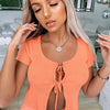 WannaThis Sexy Cropped Top Lace up Short Sleeve Hollow out Front Split Hem O-Neck Slim Women Fashion Summer New Sexy Streetwear