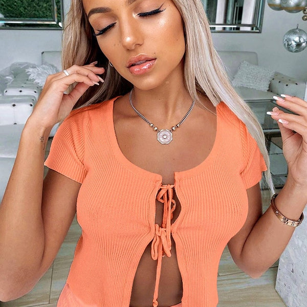 WannaThis Sexy Cropped Top Lace up Short Sleeve Hollow out Front Split Hem O-Neck Slim Women Fashion Summer New Sexy Streetwear