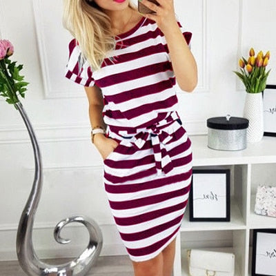 Solid O-neck Short Sleeves Lacing Dresses Women Casual Pockets Simple Dress Summer Ladies Fashion Breathable Dress Vestidos New