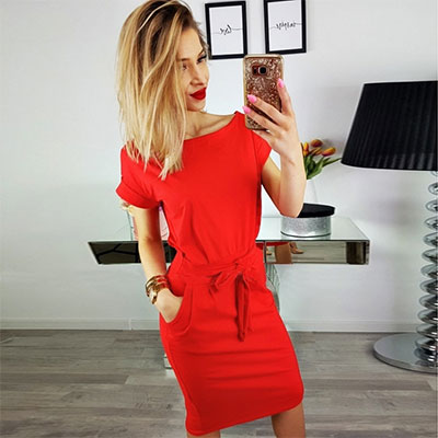 Solid O-neck Short Sleeves Lacing Dresses Women Casual Pockets Simple Dress Summer Ladies Fashion Breathable Dress Vestidos New