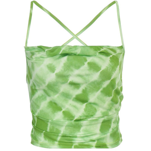 ALLNeon E-Girl Tie Dye Backless Bandage Party Tops Fashion Summer Hollow Out Sexy Camis Tops Chic Vintage Sweet Green Crop Tops