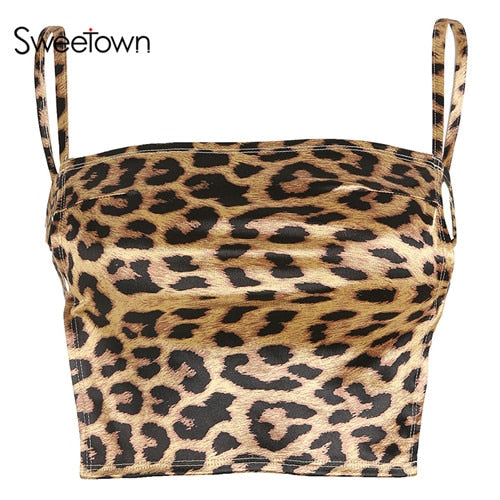 Sweetown Sexy Leopard Backless Cami Top Women Streetwear Summer Cropped Feminino Tops Clubwear Fashion Autumn Bandage Tank Top