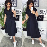 Office Lady Women Casual Sashes A-Line Dress Ladies Short Sleeve V-Neck Summer Dress 2020 Fashion Midi Party Dress Vestidos