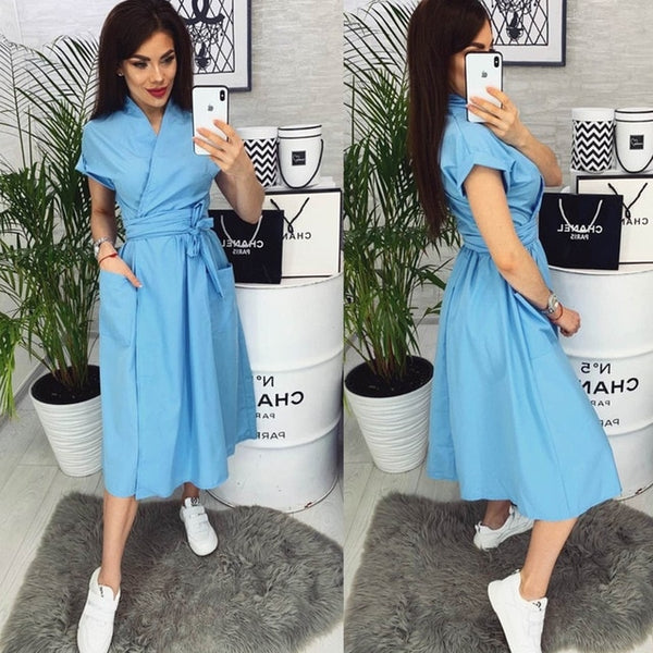 Office Lady Women Casual Sashes A-Line Dress Ladies Short Sleeve V-Neck Summer Dress 2020 Fashion Midi Party Dress Vestidos