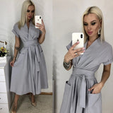 Office Lady Women Casual Sashes A-Line Dress Ladies Short Sleeve V-Neck Summer Dress 2020 Fashion Midi Party Dress Vestidos