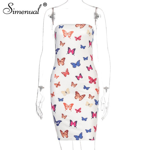 Simenual Butterfly Print Strapless Women Party Dress Sexy Hot Clubwear Bodycon Skinny Wrap Chest Mini Dresses 2020 Fashion Slim