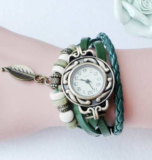 Multicolor High Quality Women Genuine Leather Vintage Quartz Dress Watch Bracelet Wristwatches leaf gift Christmas free shipping