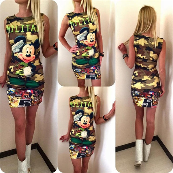 2019 New Summer Fashion Women Sexy Tank Dress Slim Casual Camouflage Military O-Neck Print Splice Empire Mini Dresses Vestidos