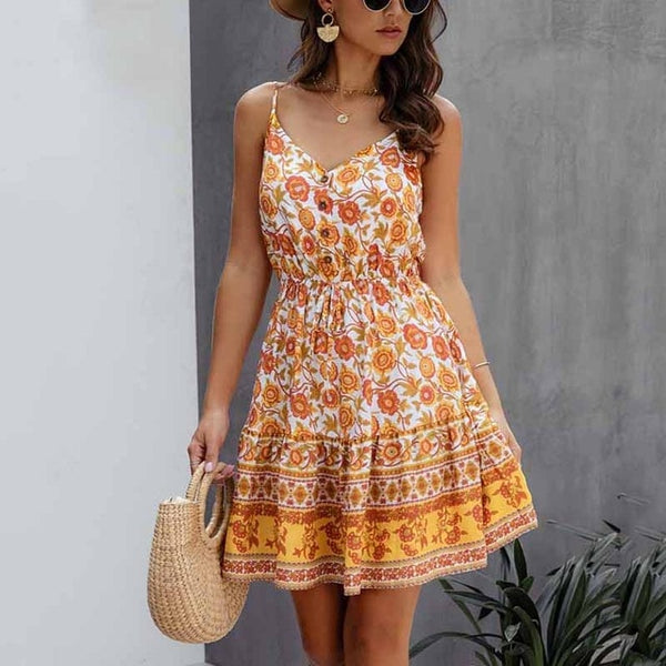 Lossky Summer Women Dress Buttons Cotton Mini Sundress Fashion Sexy Short Backless Slip Elastic Waist 2020 Sleeveless Dresses