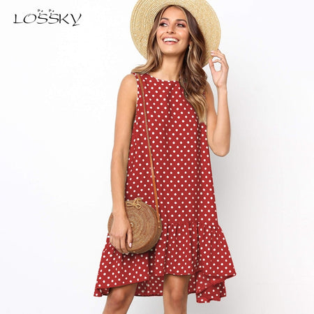Lossky Summer Dress Women Vintage Dress Casual Polka Dot Print A-Line Party Dresses Sexy V-neck Short Sleeve Long Dress Fashion