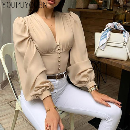 Jocoo Jolee Women Fashion V Neck Long Sleeve Sexy Beach Blouse Shirts Casual Letters Printed Tops Slim Fit Shirts Plus Size