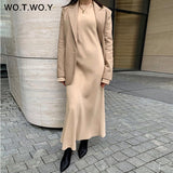 WOTWOY Elegant Long Sleeve Satin Dress Women Solid Mid-Long Loose Dresses Women Cotton Autumn Dress Woman Vestidos Femme Robe