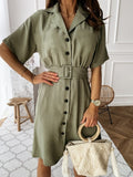 Fashion Midi Dress with belt women 2020 summer Casual solid color short-sleeved V-neck button shirt dress vestidos de fiesta