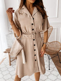 Fashion Midi Dress with belt women 2020 summer Casual solid color short-sleeved V-neck button shirt dress vestidos de fiesta