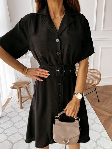 Fashion Midi Dress with belt women 2020 summer Casual solid color short-sleeved V-neck button shirt dress vestidos de fiesta