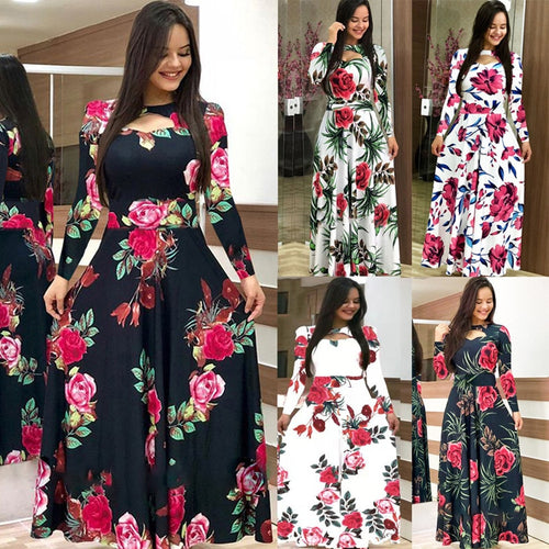 Elegant autumn Women's Dress 2020 Casual Bohemia Flower Print Maxi Dresses Fashion Hollow Out Tunic Vestidos Dress Plus Size 5XL