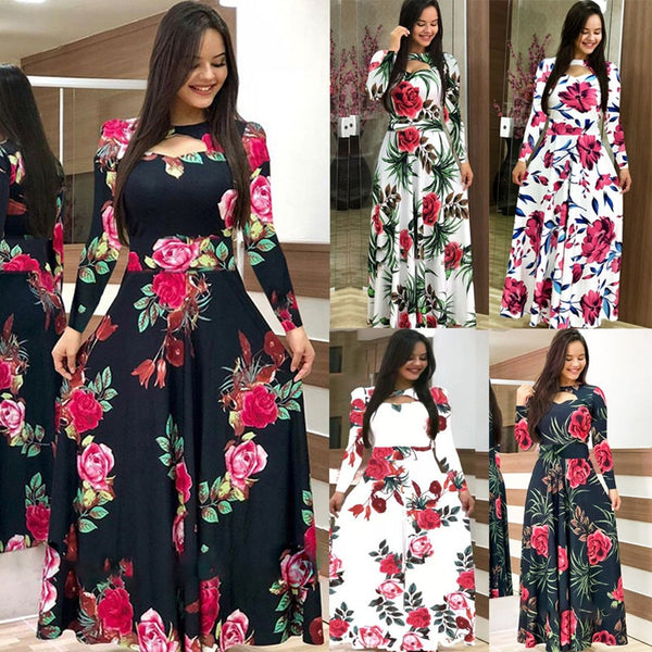 Elegant autumn Women's Dress 2020 Casual Bohemia Flower Print Maxi Dresses Fashion Hollow Out Tunic Vestidos Dress Plus Size 5XL